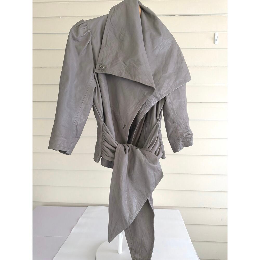 GRAI Draped Leather Jacket Gray Cowl Neck Wrap Tie Waist Cropped Avant Garde